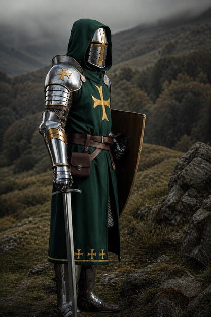 Crusader Armor Set with steel-look pauldrons, gauntlets, elbow guards, and medieval cosplay armor components for Halloween and LARP.