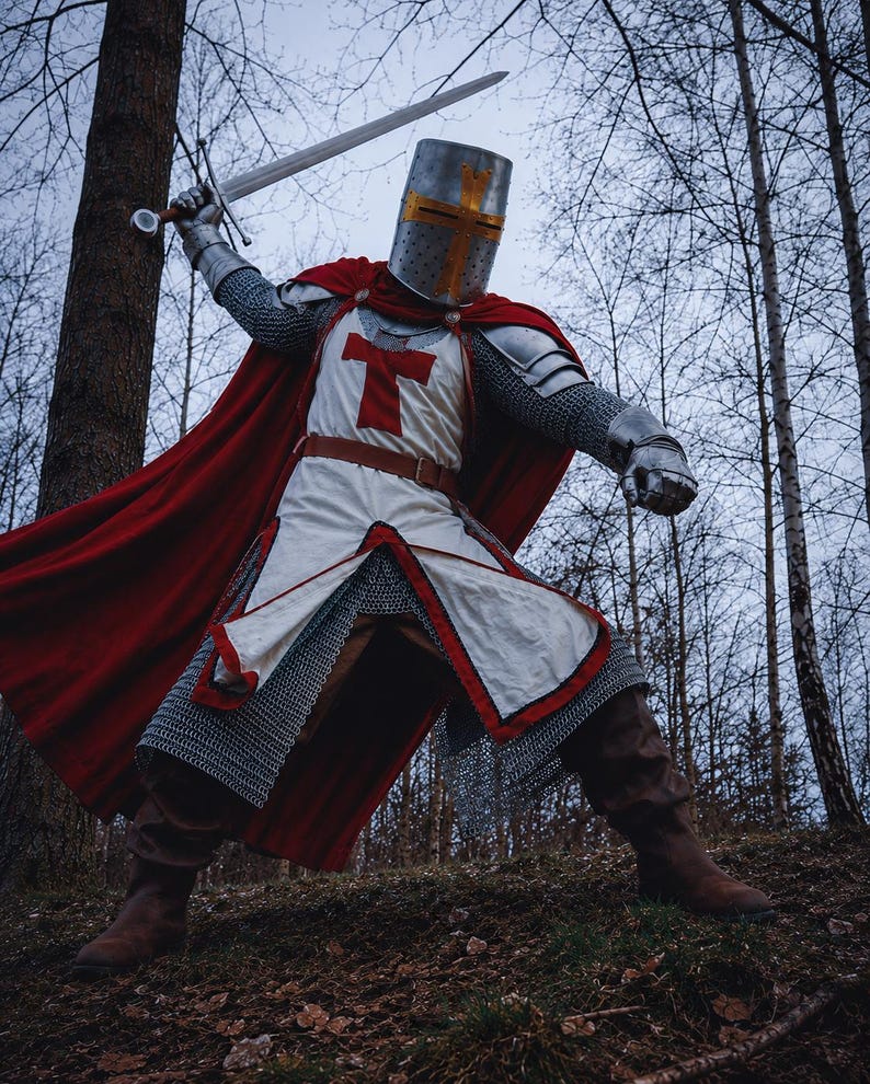 Crusader armor set full body with red cape medieval warrior costume for LARP and display