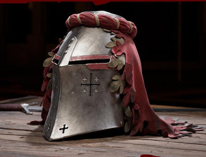 Crusader Cosplay Helmet handcrafted from steel with game-inspired design, ideal for LARP events, collectors, and medieval enthusiasts.