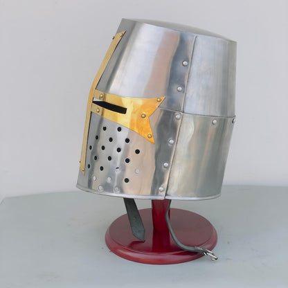 Side profile of Crusader great helmet ideal for LARP armor and display
