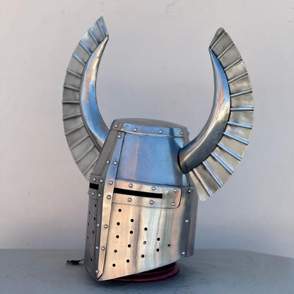 Crusader helmet worn as LARP cosplay costume accessory featuring authentic brass cross emblem
