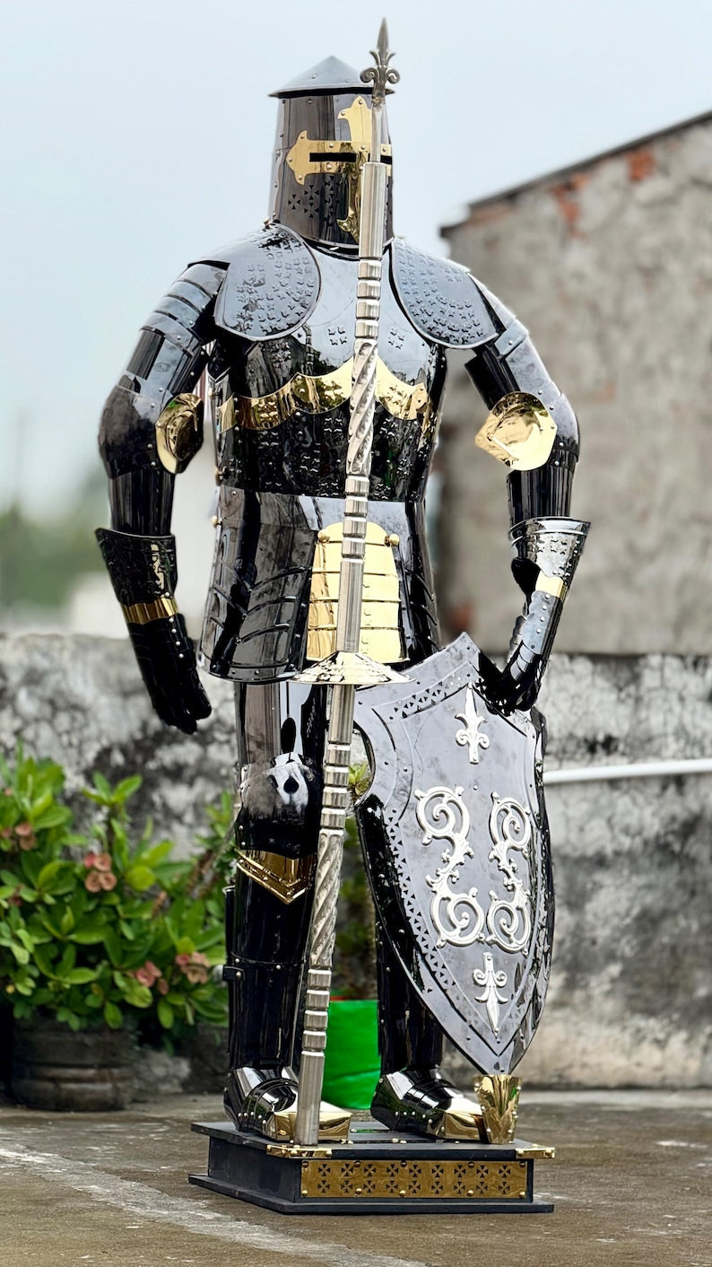 Full Body Black Crusader Knight Armor with Sturdy Iron & Wooden Display Stand
