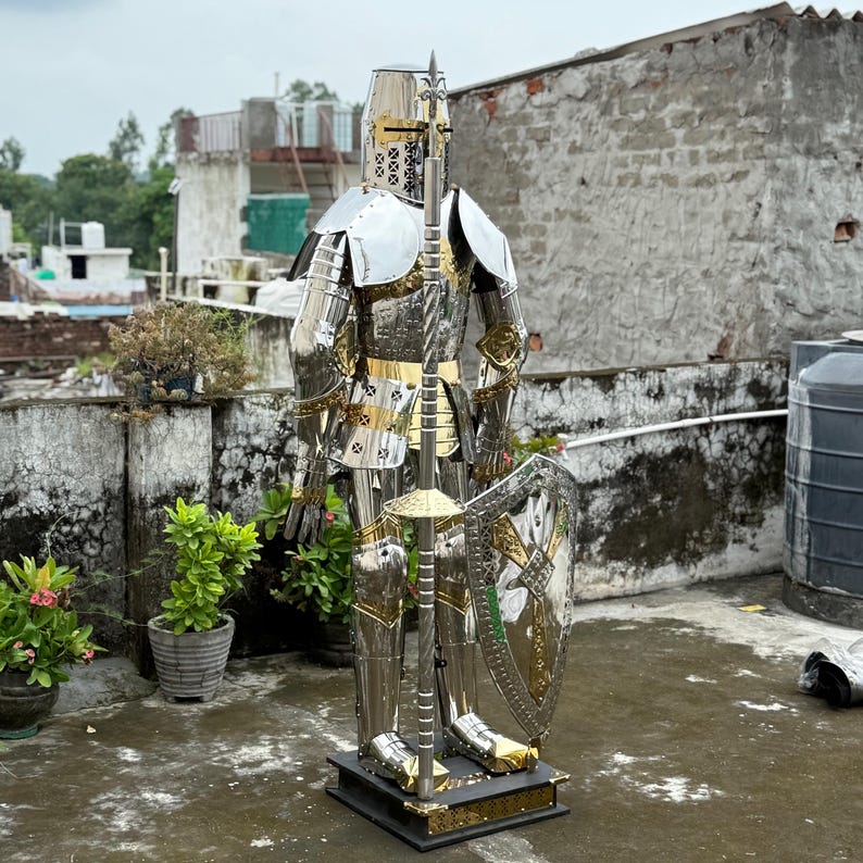 Full Body Medieval Crusader Knight Armor with Sturdy Display Stand for Home or Museum