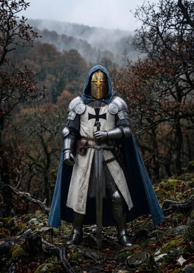 Full body wearable crusader knight armor suit front view showing 18 gauge steel armor with chainmail and medieval crusader tunic costume design