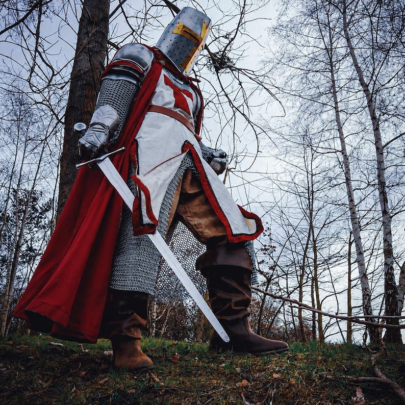 Crusader knight armor front view with white surcoat and red cross medieval cosplay costume