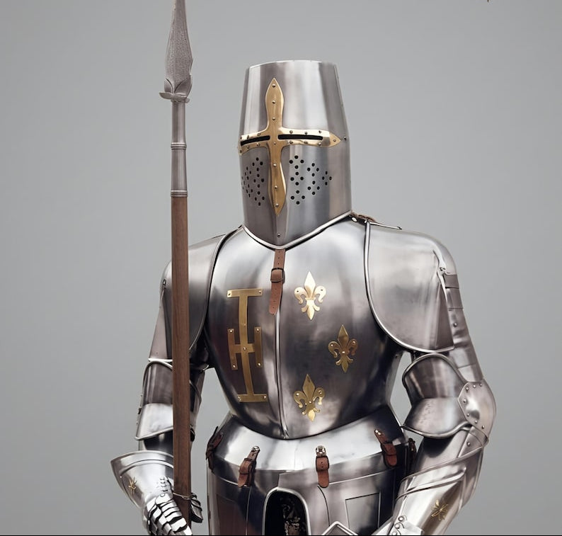 Crusader knight armor helmet and cuirass made from high-quality steel, medieval armor replica for reenactment and display