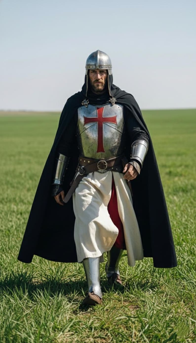 Crusader Knight Armor Set with polished steel breastplate and Templar helmet, ideal for LARP and cosplay events