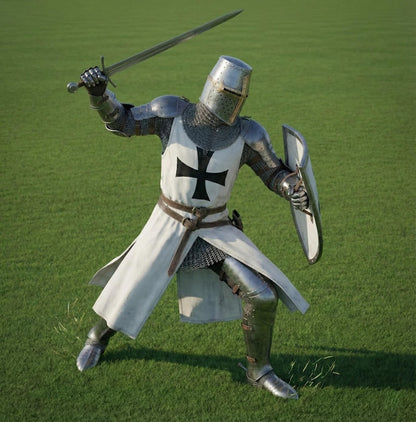 Crusader Knight Armor Set with cross shield and sword for Halloween cosplay and LARP events