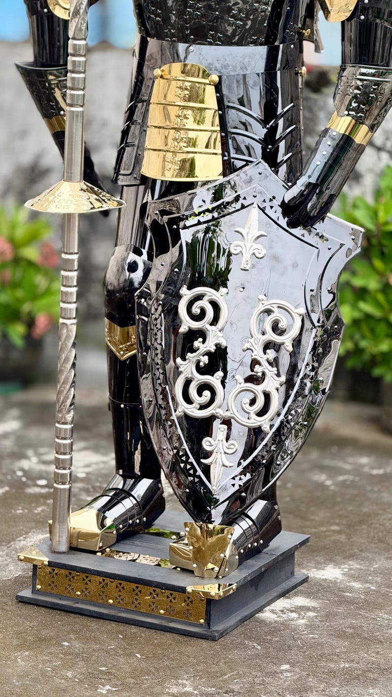 Complete Black Crusader Knight Armor Set with Matching Shield and Spear for Cosplay