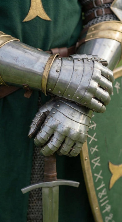 Full Crusader Knight Green Surcoat with Gold Cross armor set including helmet, pauldrone, gauntlets, leg greaves, and shield for cosplay