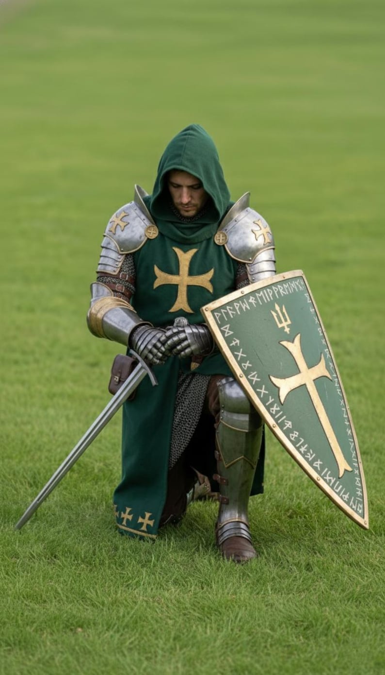 Crusader Knight Green Surcoat with Gold Cross full plate armor for Halloween cosplay, LARP, and medieval-themed events