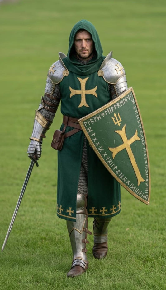 Crusader Knight Green Surcoat with Gold Cross featuring helmet and pauldrone for Ranger Style Medieval Armor cosplay