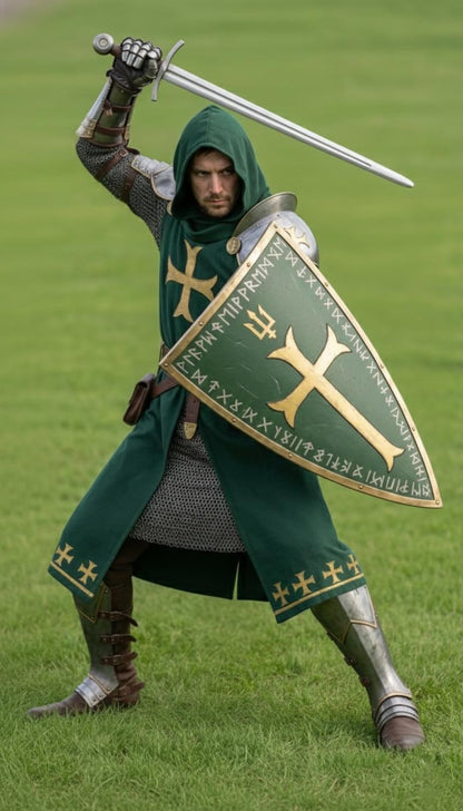 Crusader Knight Green Surcoat with Gold Cross leg lower greaves for Ranger Style Medieval Armor and LARP costume