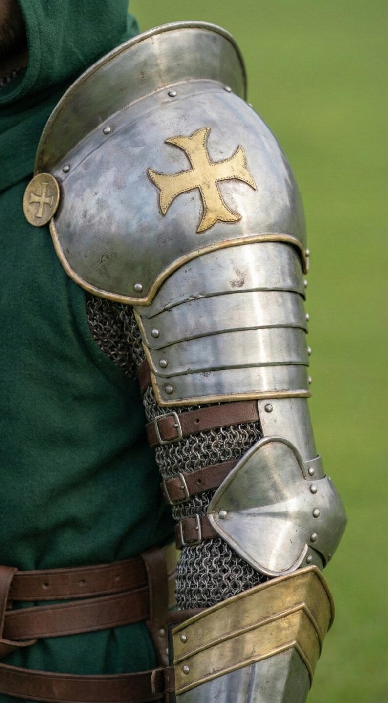 Crusader Knight Green Surcoat with Gold Cross with Viking runes wooden shield for medieval cosplay and fantasy roleplay
