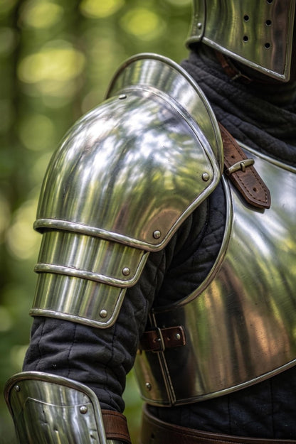 Close-up of Crusader Steel Armor highlighting handcrafted rivets, premium steel finish, and authentic medieval detailing