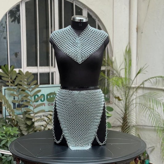 Front view of Curvy Chainmail Seduction Set featuring round neck top and waist accent for bold festival and cosplay looks