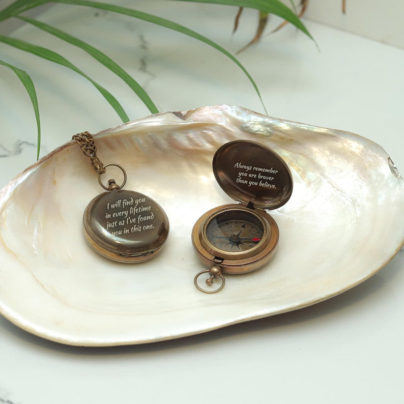 Custom engraved brass compass gift for boyfriend – romantic keepsake with quote.
