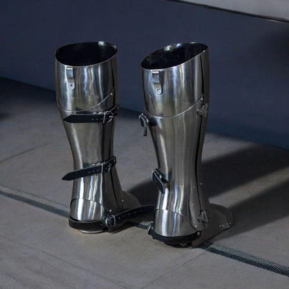 Custom-sized medieval knight full leg armor ideal for LARP, cosplay, and Renaissance fairs