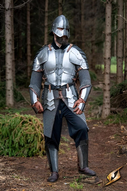 Dark Dreki Steel Knight Armor Suit full body front view with helmet and cuirass