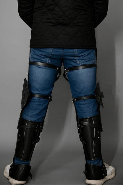 Close-up of Dark Fantasy Medieval Leg Greaves with artisan etching details
