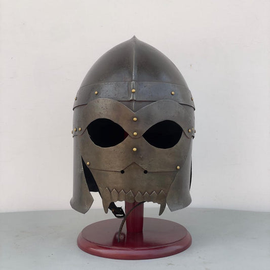 Front view of Dark Knight Fantasy Helmet with skull Viking design for LARP
