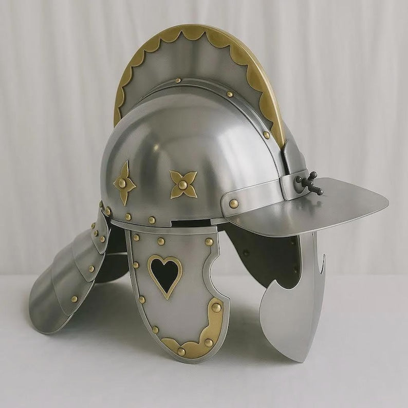 Decorative Medieval Burgonet Helmet with brass accents and heart etching for knight armor collection