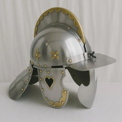 Decorative Medieval Burgonet Helmet with brass accents and heart etching for knight armor collection