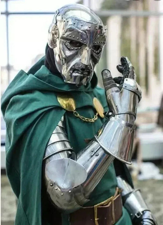 Front view of Doctor Doom full body armor suit made from 18 gauge steel, wearable for LARP, cosplay, and villain-themed events.


