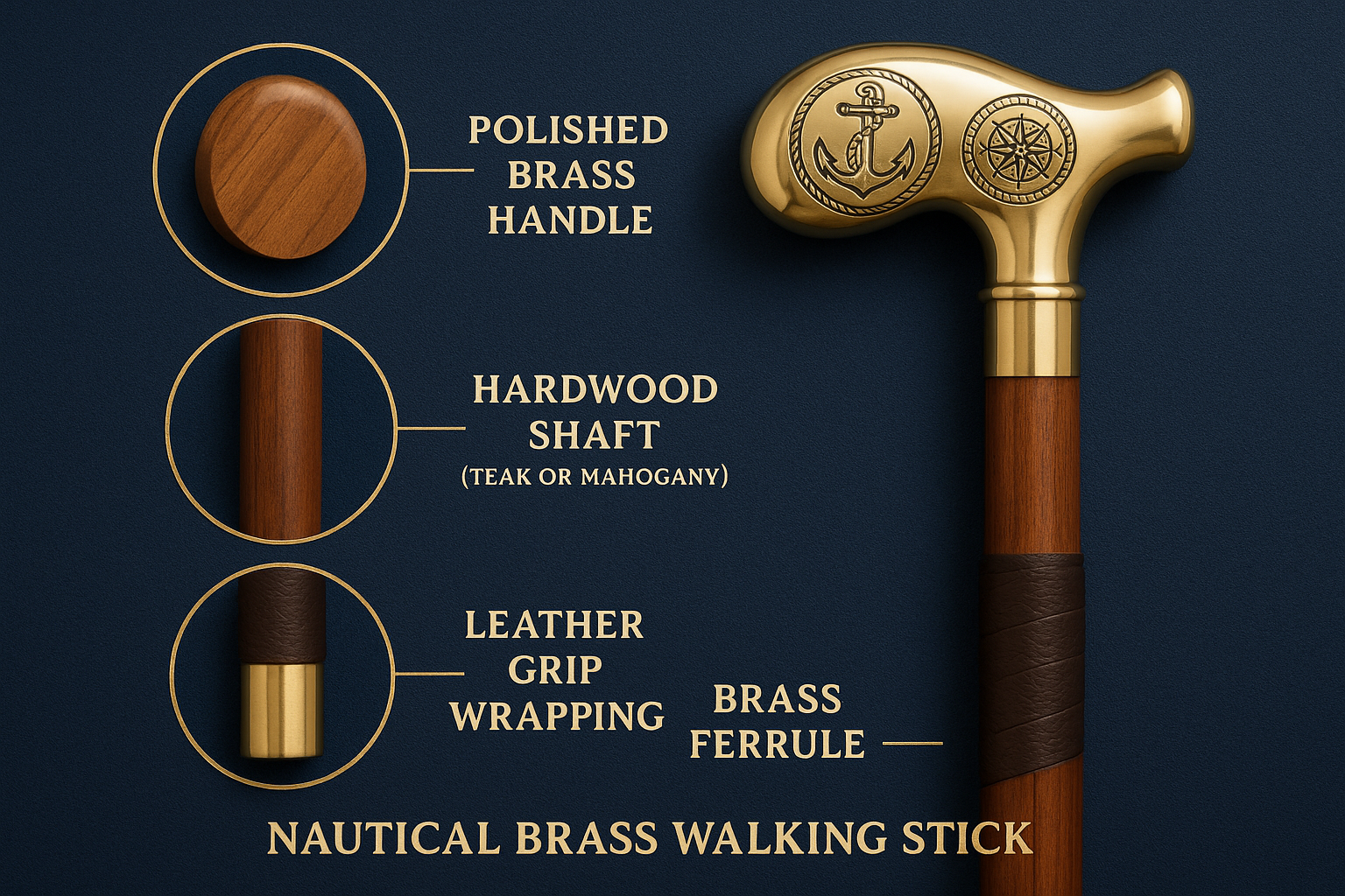 don't mention lots of walking stick only mention nautical brass walking stick and write Types of Materials Used
