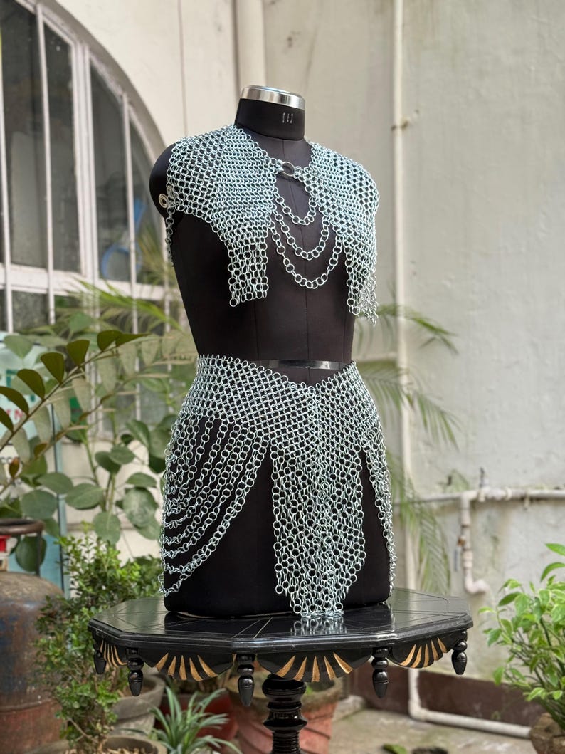 Draped waist chains detail of festival armor style from Legendary Valkyrie Chainmail Set, ideal for LARP and festivals