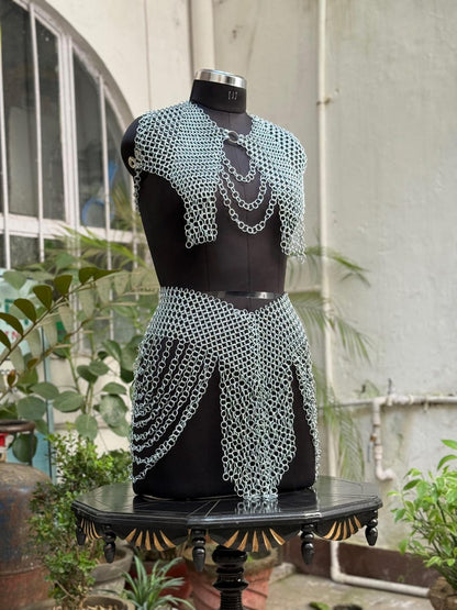 Draped waist chains detail of festival armor style from Legendary Valkyrie Chainmail Set, ideal for LARP and festivals