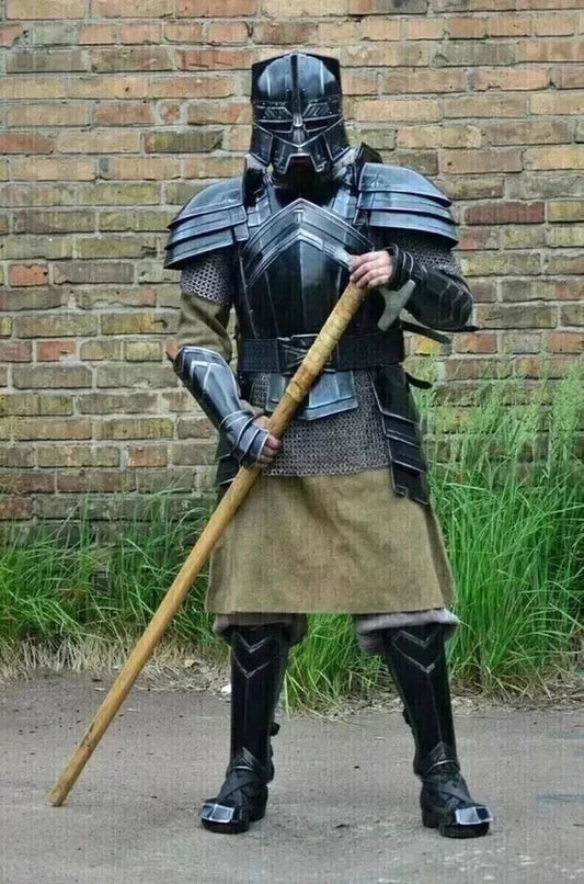 Close-up of the Dwarf Moria-style steel helmet showing detailed medieval craftsmanship, part of the LARP armor set.

