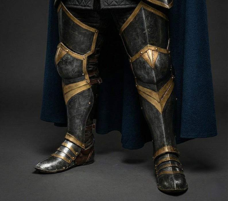 Complete Ebon-Gold Royal Vanguard Armor cosplay set including helmet, pauldrons, cuirass, tassets, and blue cap for fantasy events