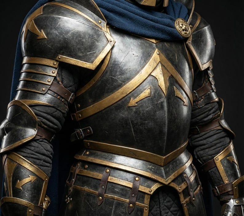 Ebon-Gold Royal Vanguard Armor with metal cuirass and arm guards for LARP, cosplay, and Halloween knight costume