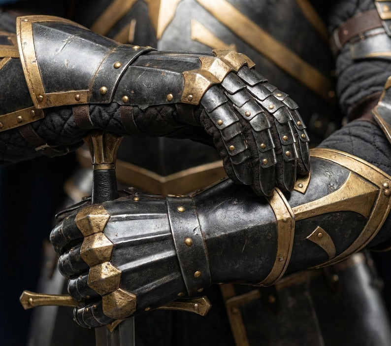 Full leg set of Ebon-Gold Royal Vanguard Armor for anime cosplay, LARP, and Halloween costumes