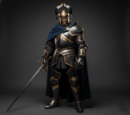 Ebon-Gold Royal Vanguard Armor helmet and pauldrons for fantasy heavy plate cosplay and anime roleplay