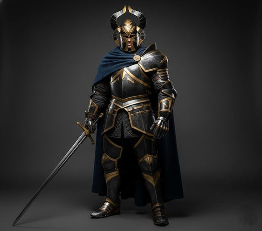 Ebon-Gold Royal Vanguard Armor helmet and pauldrons for fantasy heavy plate cosplay and anime roleplay