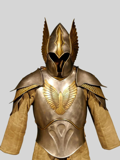 Front view of wearable Elven Knight armor with detailed cuirass and helmet, handcrafted from steel and ideal for cosplay or reenactment, by Artisans Hub.

