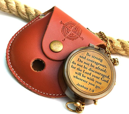 Be Strong and Courageous Joshua 1:9 Brass Prayer Compass with Wooden Box - Religious Gift for Men and Women

