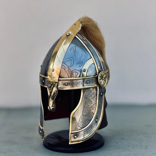 Front view of Eomer's Horse Rider Marshall Helmet, authentic LOTR knight LARP helmet