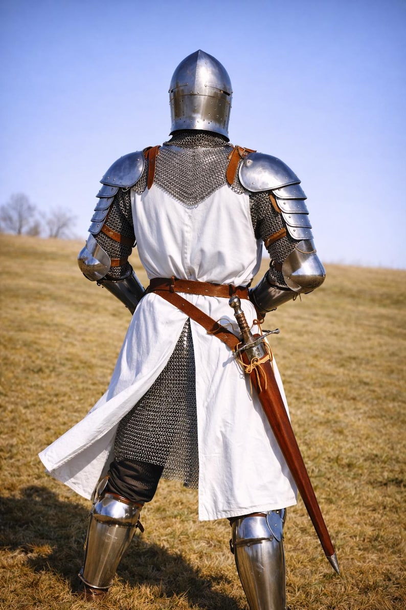 European Knight Armor Set showcasing polished steel plate armor, leather straps, and handcrafted medieval armor craftsmanship.