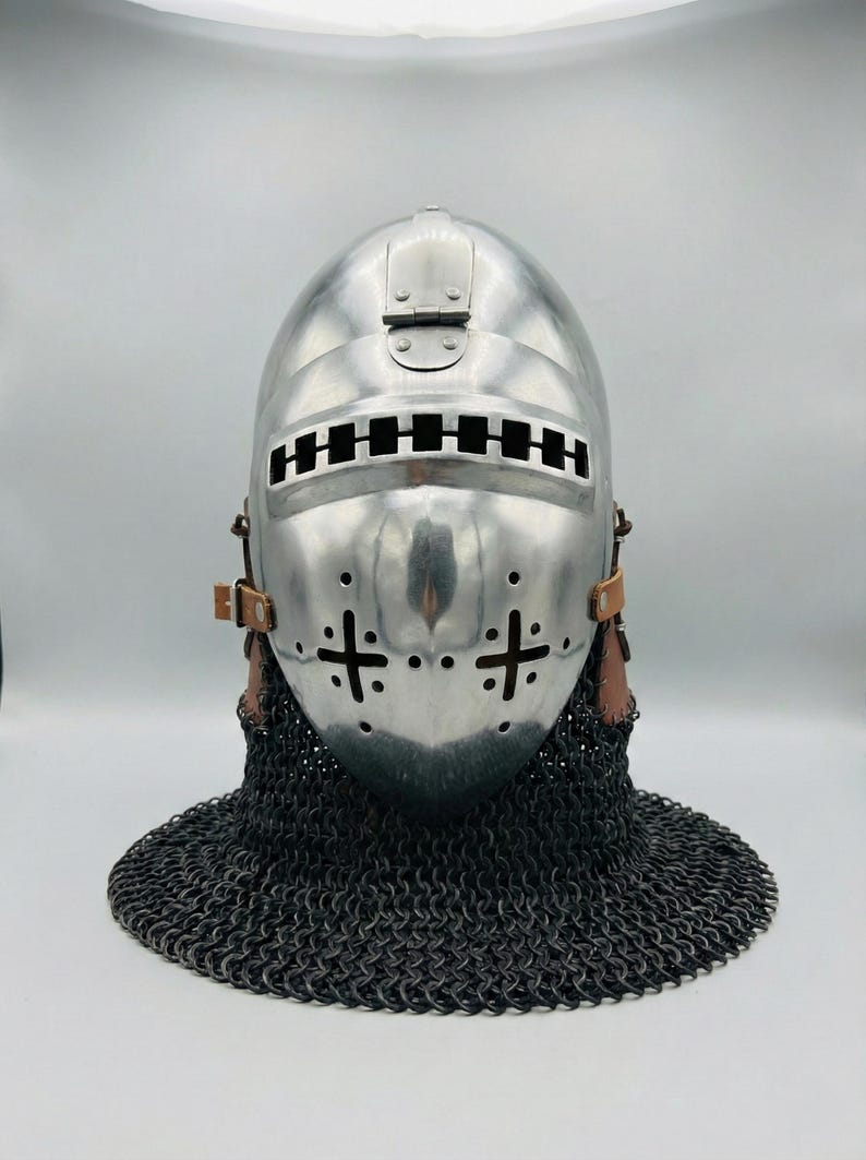 European knight bascinet helmet with chainmail side view for medieval reenactment