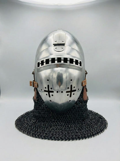 European knight bascinet helmet with chainmail side view for medieval reenactment