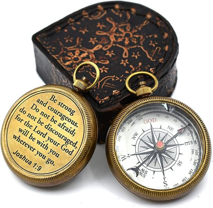 Engraved faith compass presented in a silk-lined wooden keepsake box for men and women.

