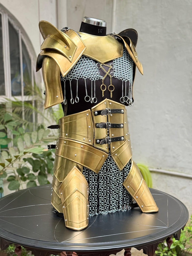 Close-up of fantasy chainmail corset with antique gold finish for female warrior costume