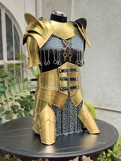 Close-up of fantasy chainmail corset with antique gold finish for female warrior costume