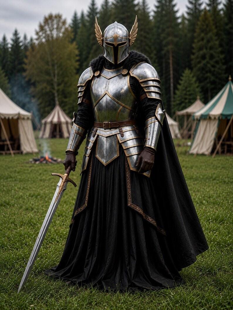 Fantasy cosplay armor showcasing detailed winged helmet craftsmanship on a medieval steel armor suit