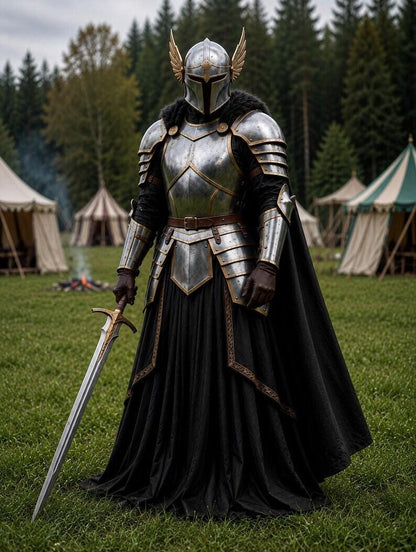 Fantasy cosplay armor showcasing detailed winged helmet craftsmanship on a medieval steel armor suit