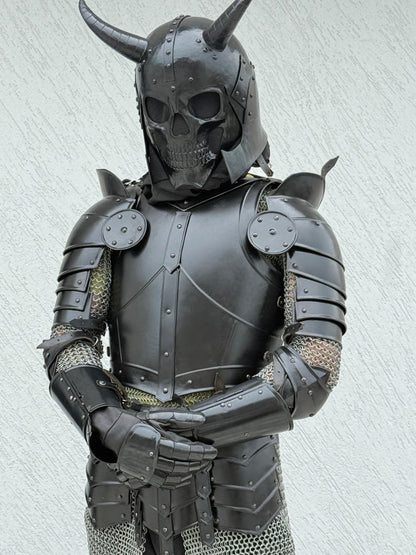 Fantasy cosplay armor set featuring detailed chainmail and matte black finish