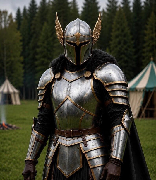Fantasy Knight Armor With Winged Helmet handcrafted medieval steel armor suit with antique finish and golden trim front view